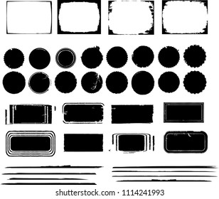 Grunge Design Elements . Brush strokes, Ink spots ,, stains , Stamps Collection, Circles. Banners, Insignias , , Labels and Badges Set . vector distress textures.blank shapes
