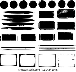 Grunge Design Elements . Brush strokes, Ink spots ,, stains , Stamps Collection, Circles. Banners, Insignias , , Labels and Badges Set . vector distress textures.blank shapes