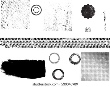 Grunge Design Elements . Brush strokes, Ink spots ,halftone dots, stains , Stamps Collection, Circles. Banners, Insignias , Spiral, Labels and Badges Set . vector distress textures.blank shapes