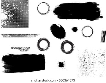 Grunge Design Elements . Brush strokes, Ink spots ,halftone dots, stains , Stamps Collection, Circles. Banners, Insignias , Spiral, Labels and Badges Set . vector distress textures.blank shapes