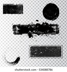 Grunge Design Elements . Brush strokes, Ink spots ,halftone dots, stains , Stamps Collection, Circles. Banners,transparent background . vector distress textures.isolated blank shapes