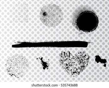 Grunge Design Elements . Brush strokes, Ink spots ,halftone dots, stains , Stamps Collection, Circles. Banners,transparent background . vector distress textures.isolated blank shapes
