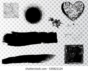 Grunge Design Elements . Brush strokes, Ink spots ,halftone dots, stains , Stamps Collection, Circles. Banners,transparent background . vector distress textures.isolated blank shapes