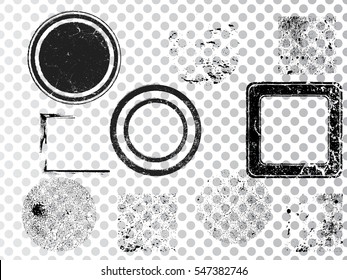 Grunge Design Elements . Brush strokes, Ink spots ,halftone dots, stains , Stamps Collection, Circles. Banners,transparent background . vector distress textures.isolated blank shapes