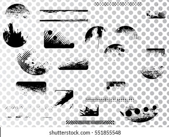 Grunge Design Elements . Brush strokes, Ink spots ,halftone dots, stains , Stamps Collection, Circles. Banners, Insignias , Spiral, Labels and Badges Set . vector distress textures.blank shapes
