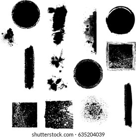 Grunge Design Elements . Brush strokes, Ink spots ,halftone dots, stains , Stamps Collection, Circles. Banners, Insignias , Spiral, Labels and Badges Set . vector distress textures.blank shapes