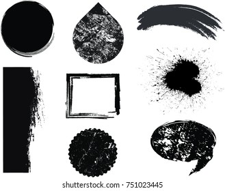Grunge Design Elements . Brush strokes, Ink spots ,halftone dots, stains , Stamps Collection, Circles. Banners,transparent background . vector distress textures.isolated blank shapes