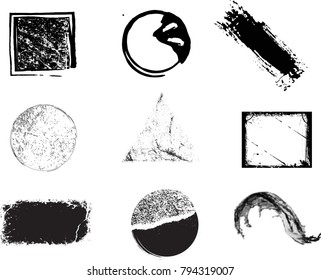 Grunge Design Elements . Brush strokes, Ink spots ,halftone dots, stains , Stamps Collection, Circles. Banners,transparent background . vector distress textures.isolated blank shapes