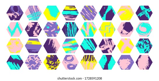 Grunge design elements set. Hexagon shape abstract elements collection. Grunge splatter. Paint stains. Quirky scribbles. Grungy ink spots and drops.