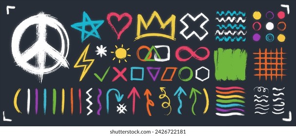 Grunge design elements set. Rainbow color brush strokes, halftone effect. Love, crown, peace symbol collection. Arrow, infinity, wave geometric shape. graphic design element. Stop war concept