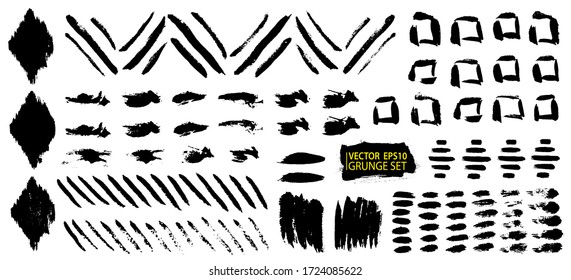 Grunge design elements set. Grunge shapes collection for patterns or backdrops. Grungy splatter. Paint stains. Quirky scribbles. Grungy ink spots and drops.