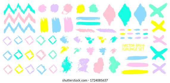 Grunge design elements set. Grunge shapes collection for patterns or backdrops. Grungy splatter. Paint stains. Quirky scribbles. Grungy ink spots and drops.