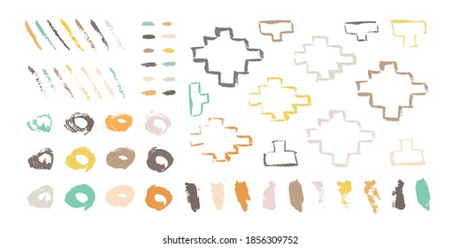 Grunge design elements set. Grunge shapes collection for patterns or backdrops. Paint stains. Retro style abstract collection. Quirky scribbles. Grungy ink spots and drops.