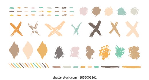 Grunge design elements set. Grunge shapes collection for patterns or backdrops. Paint stains. Retro style abstract collection. Quirky scribbles. Grungy ink spots and drops.