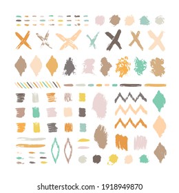 Grunge design elements set. Grunge shapes collection for patterns or backdrops. Paint stains and brush strokes. Retro style scribbles collection. Grungy ink spots and drops.