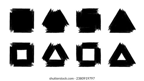 Grunge design elements for social media. Square and triangle text boxes set. Dirty distress texture banners for social networks story and posts. Grunge frames. Vector illustration