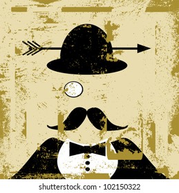 grunge design of man wearing bow tie and monocle with arrow through bowler hat