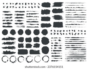 Grunge design monochrome set elements with spots in form of squares and circles or stripes for text decoration vector illustration