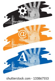 Grunge design raster  elements with hand holding symbols e-mail, gear and letter. Vector illustration.
