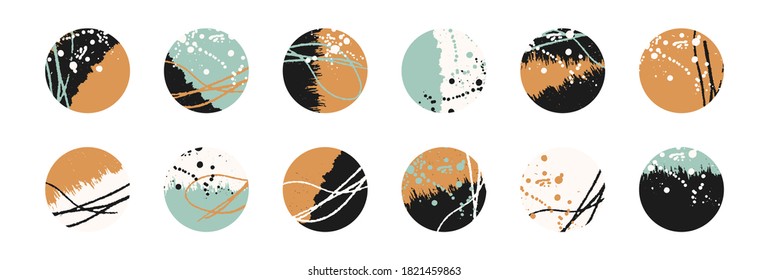 Grunge design set. Abstract circles. Round shape grungy elements collection. Grungy textures set. Grunge ink splatter. Paint stains. Quirky scribble stickers.