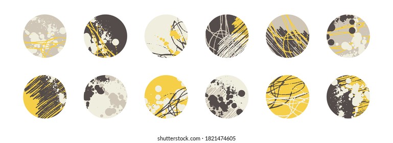 Conjunto de diseño. Círculos abstractos. Colección de elementos ondulados de forma redonda. Mancha de tinta gruesa. Pintar manchas. Pegatinas de garabatos extravagantes.