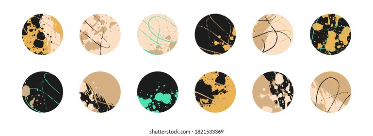 Grunge design set. Abstract circles. Round shape grungy elements collection. Trendy grunge textures set. Creative design. Grunge ink splatter. Paint stains. Quirky scribble stickers.