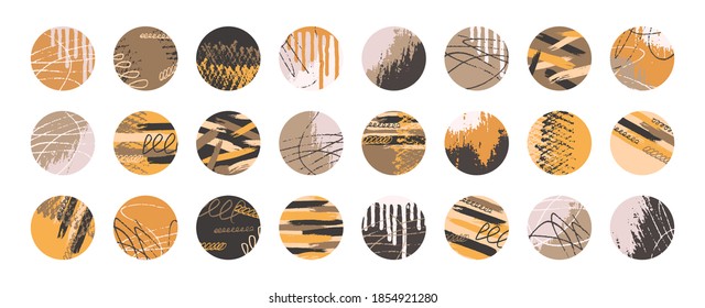 Conjunto de diseño. Círculos abstractos. Colección de elementos ondulados de forma redonda. Mancha de tinta gruesa. Pintar manchas. Pegatinas de garabatos extravagantes.