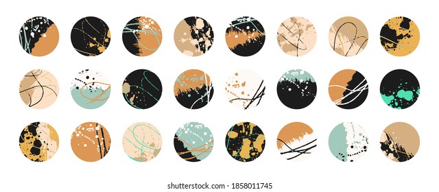 Grunge design set. Abstract circles. Round shape grungy elements collection. Grunge ink splatter. Paint stains. Quirky scribble stickers.