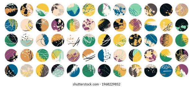 Grunge design set. Abstract circles. Round shape grungy elements collection. Grunge ink splatter. Paint stains. Quirky scribble stickers.
