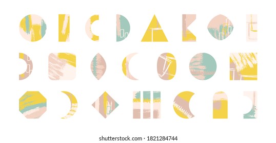 Grunge design set. Abstract modern geometric shapes. Grungy elements collection. Grunge ink splatter. Paint stains. Quirky scribble stickers.