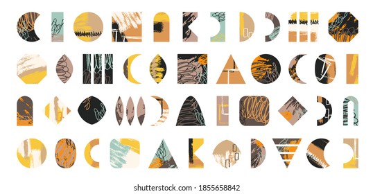 Grunge design set. Abstract modern geometric shapes. Grungy elements collection. Grunge ink splatter. Paint stains. Quirky scribble stickers.