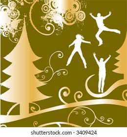 grunge design, silhouettes in winter landscape, christmas trees, foliage and circles