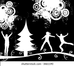 grunge design, silhouettes in winter landscape, christmas trees, foliage and circles