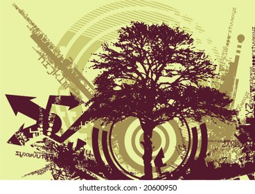 Diseño ondulado con silueta de árbol, ilustración vectorial.