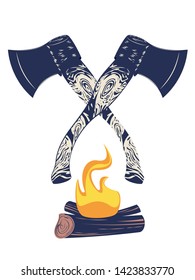 Grunge design of two crossed axes and campfire, retro style illustration.