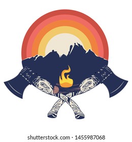 Grunge design of two crossed axes and campfire, retro style illustration.