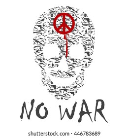 Grunge designed no war propaganda emblem with skull and guns. Vector illustration.