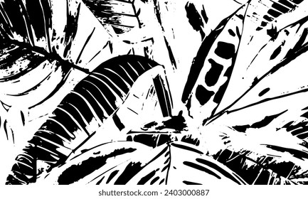 Grunge detailed black abstract texture. Tropical leaves.  Vector background
