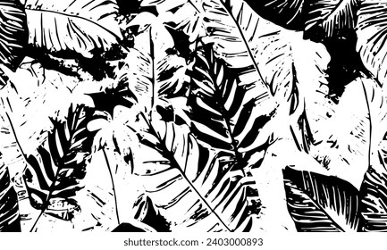 Grunge detailed black abstract texture. Tropical leaves.  Vector background