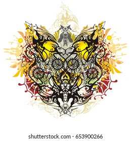 Grunge detailed two-headed eagle splashes. Tribal linear eagle heads against the background of colorful floral elements