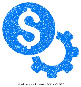Grunge Development Cost Gear icon with grunge design and dust texture. Unclean vector blue pictogram for rubber seal stamp imitations and watermarks. Draft sticker symbol.