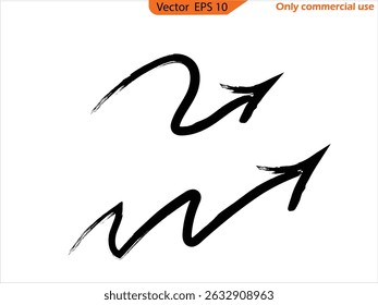 Grunge different dirt black arrows set on transparent background. Set of simple lines hand drawn black arrows in various style. Sketch arrow design for business plan and education. 