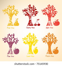Grunge Different trees and fruits.