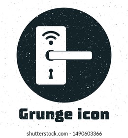 Grunge Digital door lock with wireless technology for unlock icon isolated on white background. Door handle sign. Security smart home.  Vector Illustration