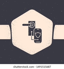 Grunge Digital door lock with wireless technology for lock icon isolated on grey background. Door handle sign. Security smart home. Monochrome vintage drawing. Vector Illustration