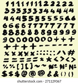 Grunge Digits from chalk and brush strokes. Math symbols, mathematics operators, isolated on background. Hand drawn, artistic set. Handwritten textured numbers, multiply, email, ampersand.