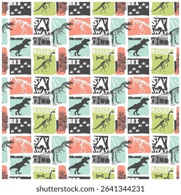 Grunge dinosaur seamless pattern with T-Rex silhouette, skeleton fossil, and typography. Abstract dino background for kids' fashion and textile print.
