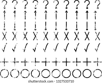 Grunge Dirt question marks, exclamation marks , arrows, crosses, check marks, and circles Vector collection . Dry Brush Stroke . Curved arrow set .  element for your design . distressed direction
