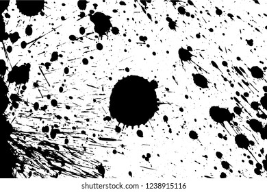Grunge dirty background with ink splashes and spots, a large blot in the center. Black ink blow explosion. Distress overlay texture. Vector EPS10 illustration