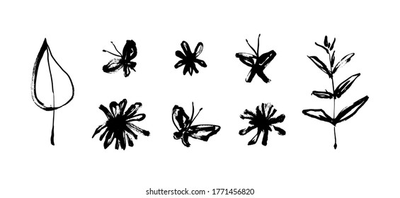 Grunge dirty decorative elements with flowers and butterflies isolated on white background. Hand drawn black vector collection, modern ink graphic art, expressive brush strokes.